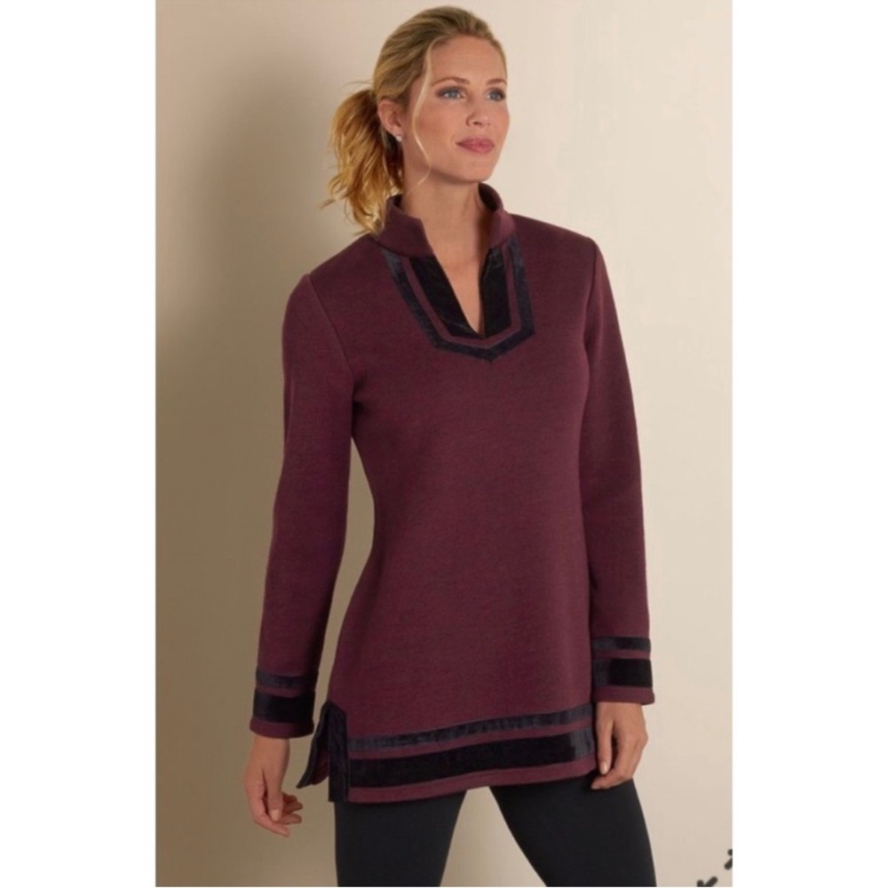 Soft Surroundings Runway Merlot Black Velvet Trim Wool Blend Tunic Sweater Small - Picture 4 of 13